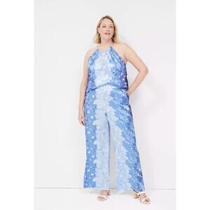 Lane Bryant 24 Blue Floral Wide Leg Pants & Matching Halter Tank Top Set Plus